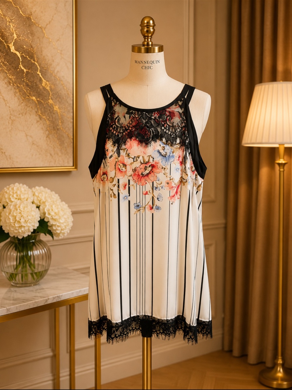 White House Black Market Black-Trim Cream Floral Lace Tank